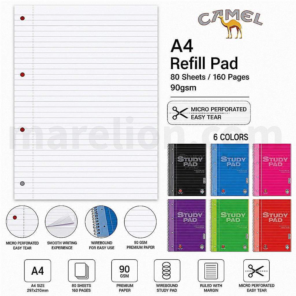 Camel Refill Pad A4 με σπιράλ, 80 φύλλα / 160 σελίδες, χαρτί 90gsm και 6 χρώματα εξωφύλλου. Αγορά από το Marelion με αποστολή σε όλη την Κύπρο.