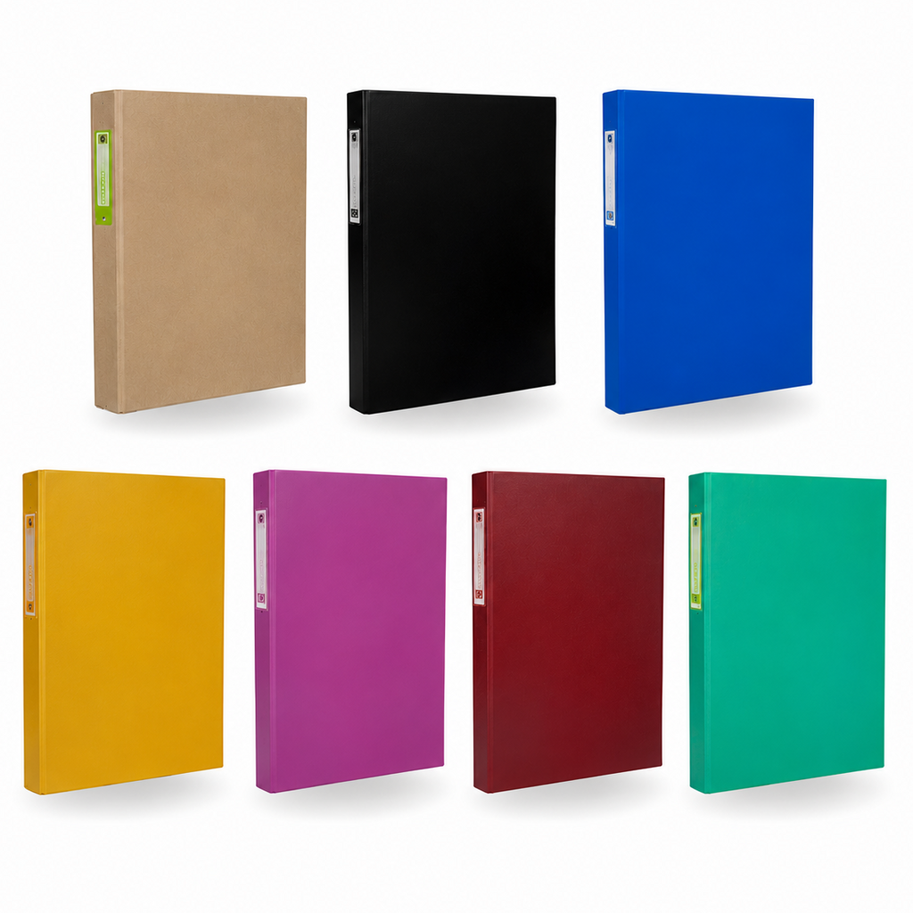 Set of six colorful binders on a white background