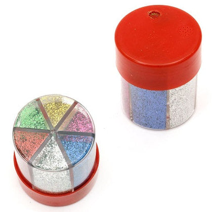 Container with colorful glitter and a red lid on a white background
