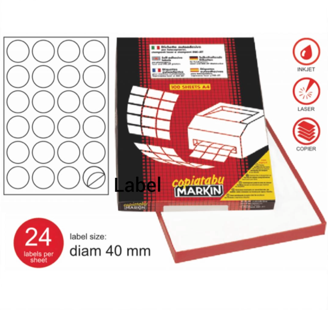 Coplataby Markin label sheet with packaging and label design on a white background