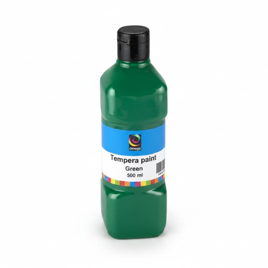 Green bottle of tempera paint with a label on a white background