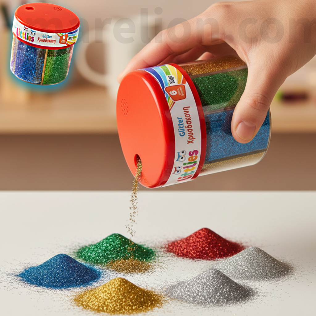 Hand pouring colorful glitter from a container onto a surface