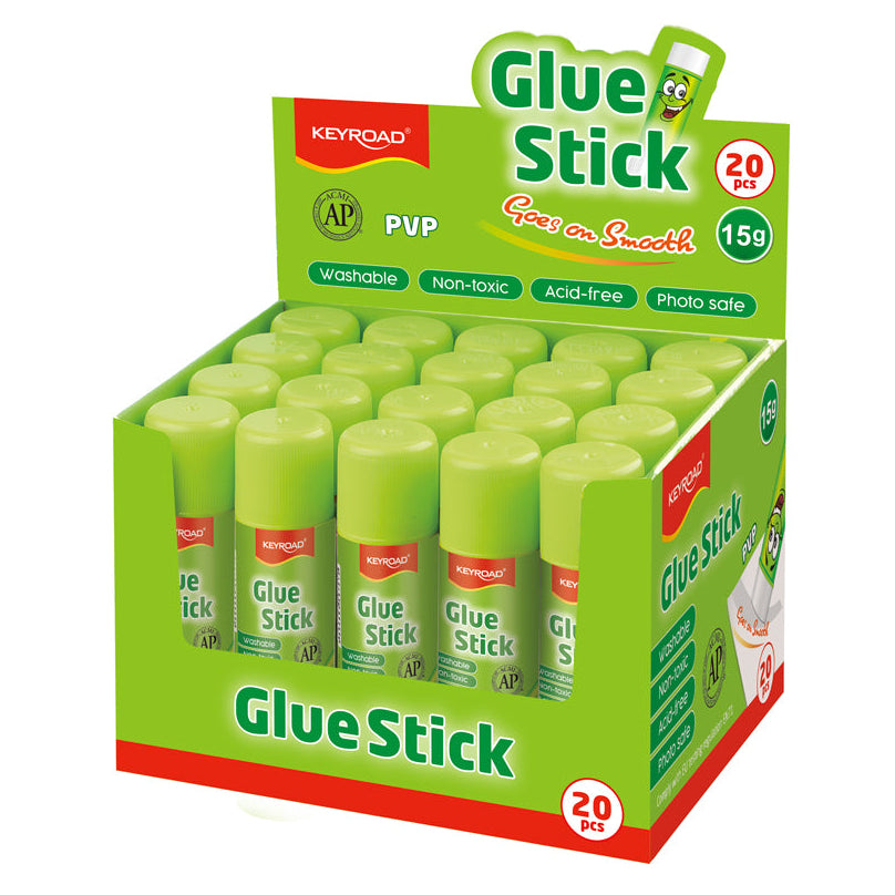 Box of Keyroad glue sticks with green packaging on a white background