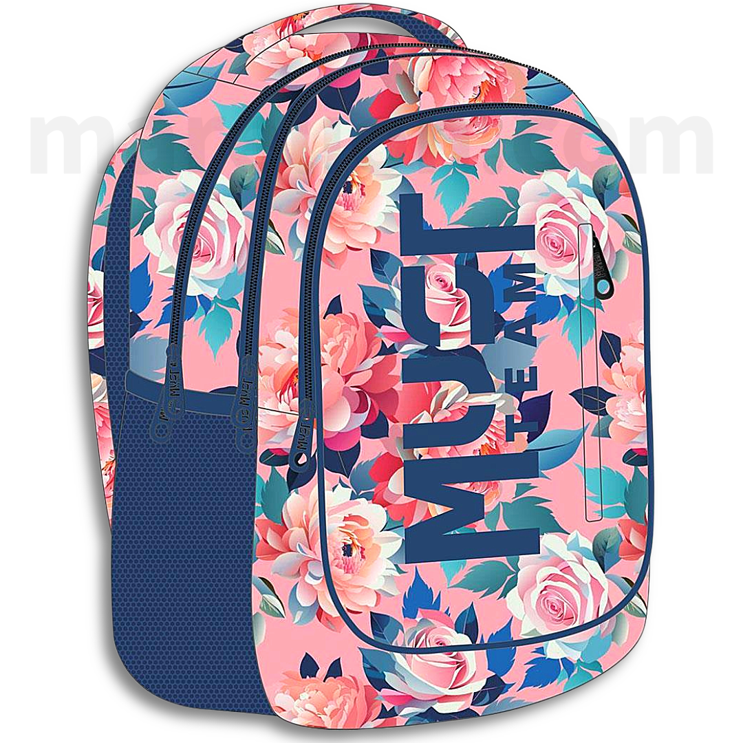 Must Backpack Eternal 3 Compartments, Pink With Flowers - Σχολική Τσάντα Πλάτης Ροζ με Λουλούδια