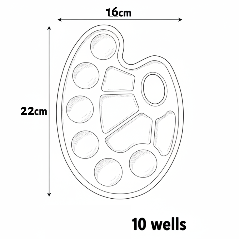 Outline of a 10-well laboratory tray with dimensions labeled
