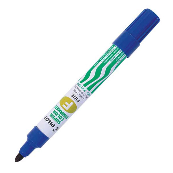 Blue marker with visible brand logo on a white background