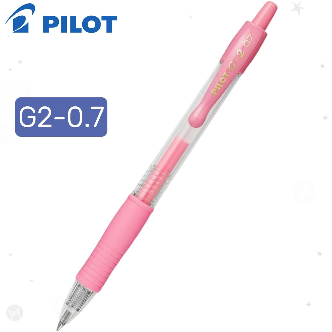 Pink Pilot G2-0.7 pen on a white background with Pilot logo.