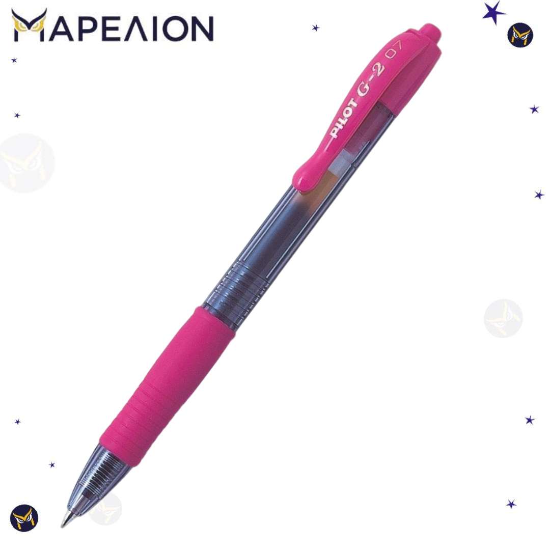Pink pen with visible branding on a white background