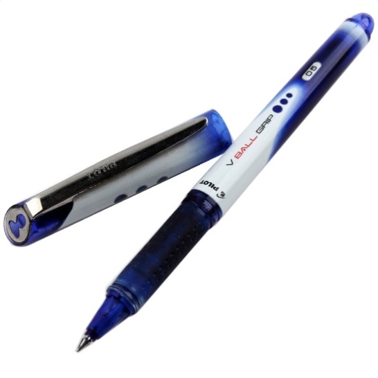 Blue and white ballpoint pen on a white background