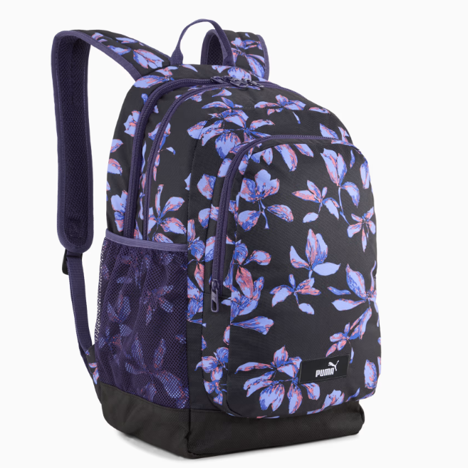 Floral-patterned backpack with Puma logo on a white background