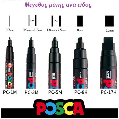 Set of Posca markers with different tip sizes on a white background