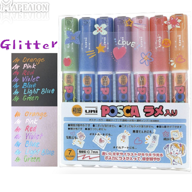 Set of Uni Posca glitter markers with colorful caps on a white background