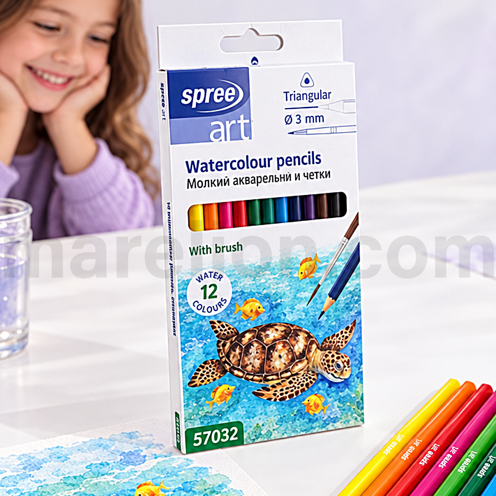SpreeArt Τριγωνικά Μολύβια Ακουαρέλας 12τμχ με Πινέλο | Marelion