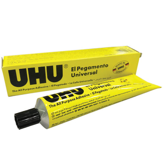 UHU all-purpose adhesive tube and packaging on a white background