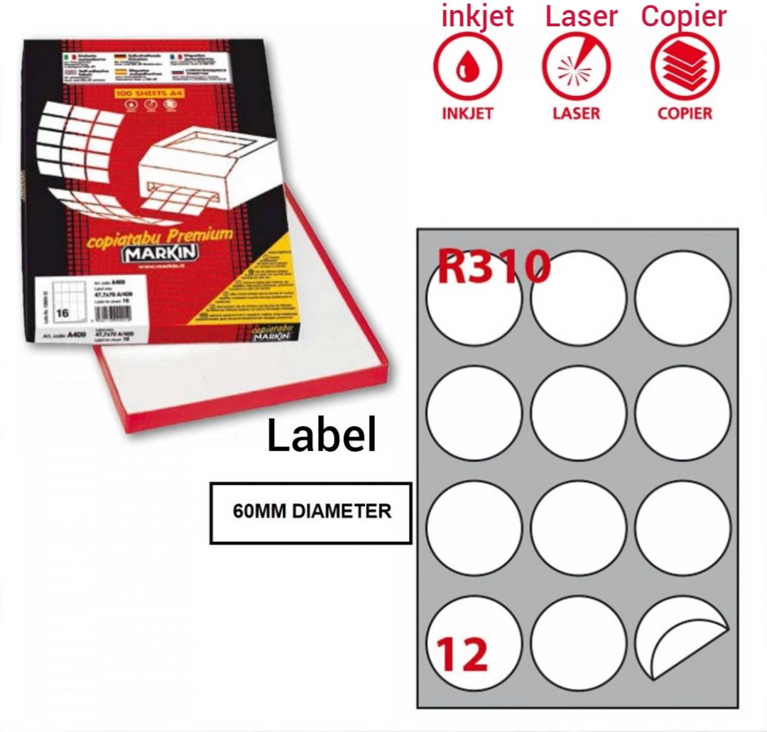 Packaging of Markin copiable Premium labels with a sheet of labels showing 12 circular labels.