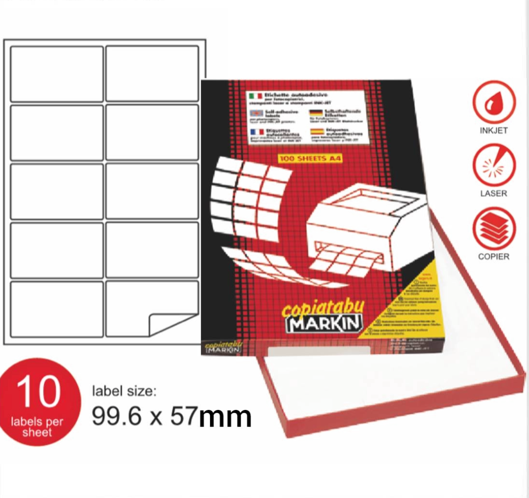 Markin A445 Printer Labels A4 99.6x57mm 10 Labels/Sheet 100 Sheets - Ετικέτες Εκτυπωτή Λευκές Αυτοκόλλητες