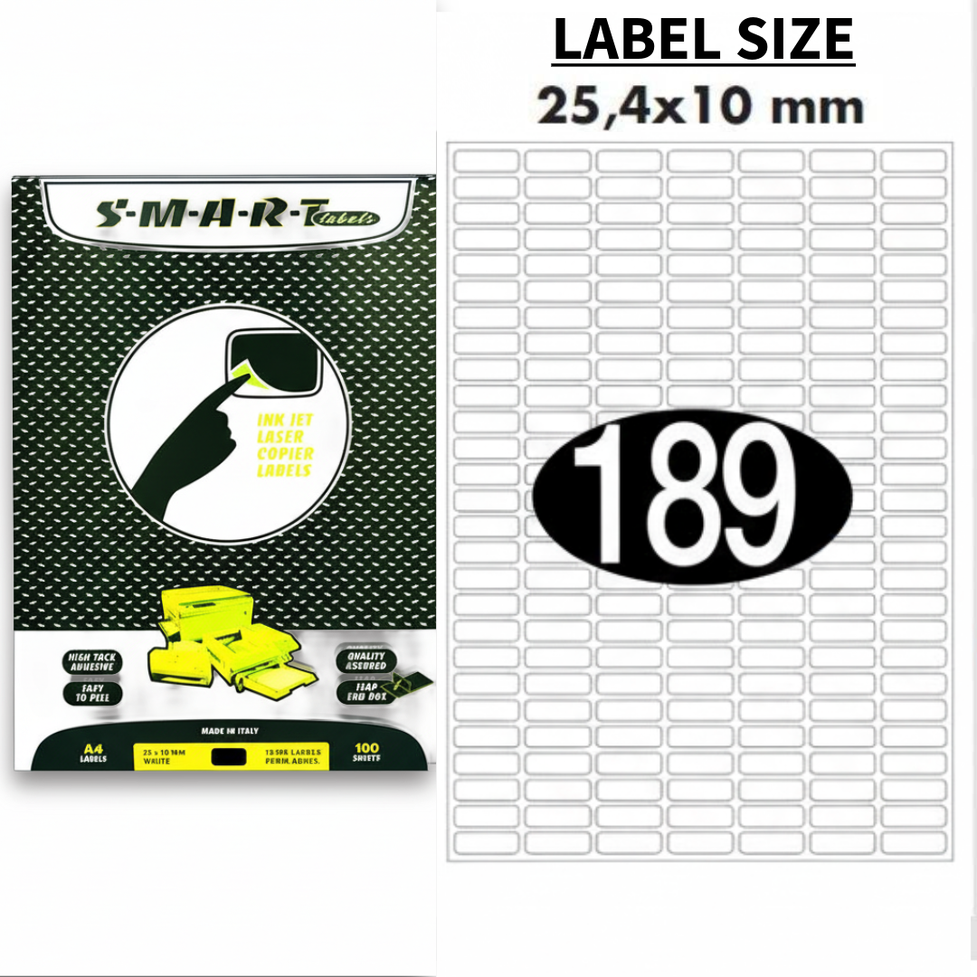 SMART Printer Labels A4 25.4x10mm 189 Labels/Sheet 100 Sheets - Ετικέτες Εκτυπωτή Λευκές Αυτοκόλλητες