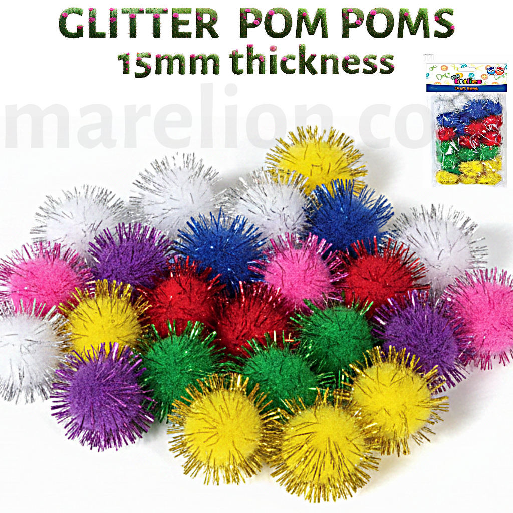 Glitter Pom Poms 15mm Set 30pcs 11 Colours - Πομ Πομ Glitter Χειροτεχνία DIY