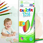 Carioca Tita colored pencils packaging with a child drawing, on a light green background.