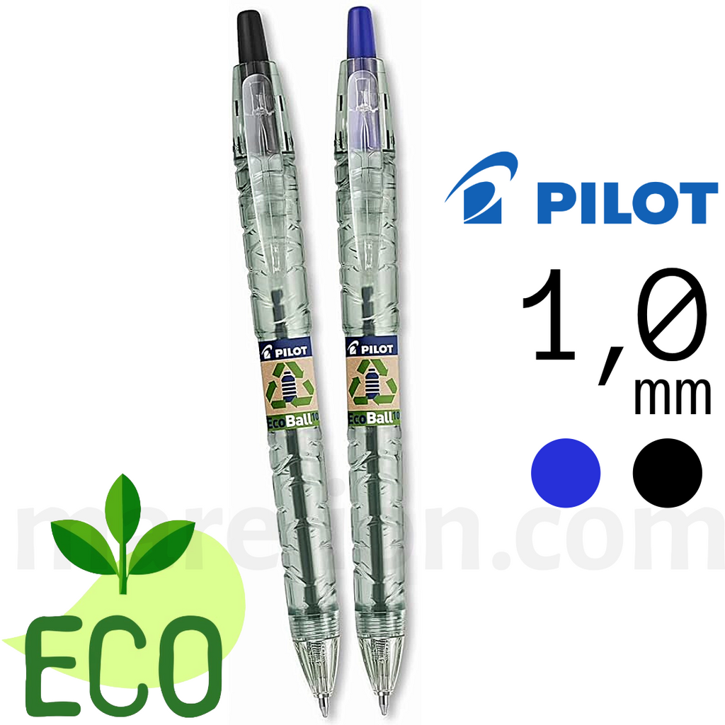Two Pilot eco-friendly pens with blue and black ink, labeled 1.0 mm, on a white background.