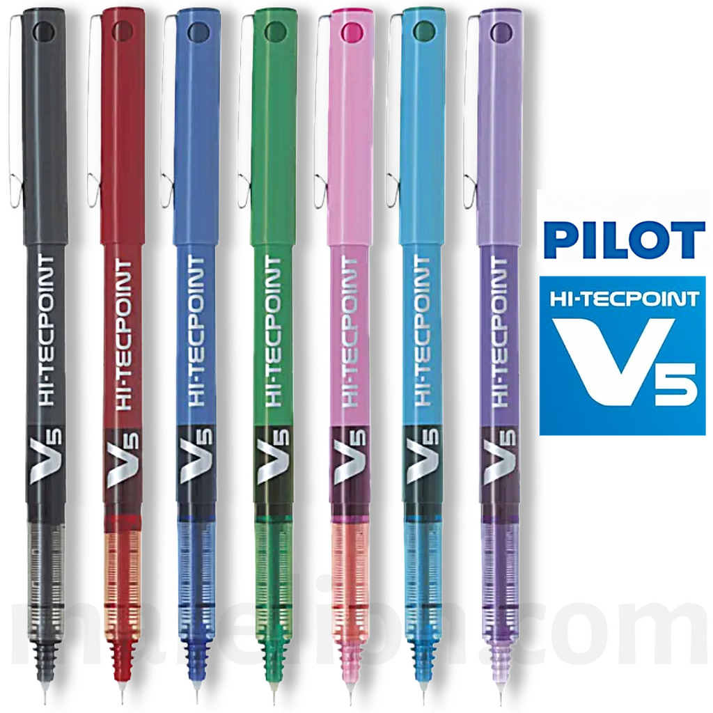 Set of Pilot Hi-Tecpoint V5 pens in various colors on a white background