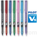 Set of Pilot Hi-Tecpoint V5 pens in various colors on a white background