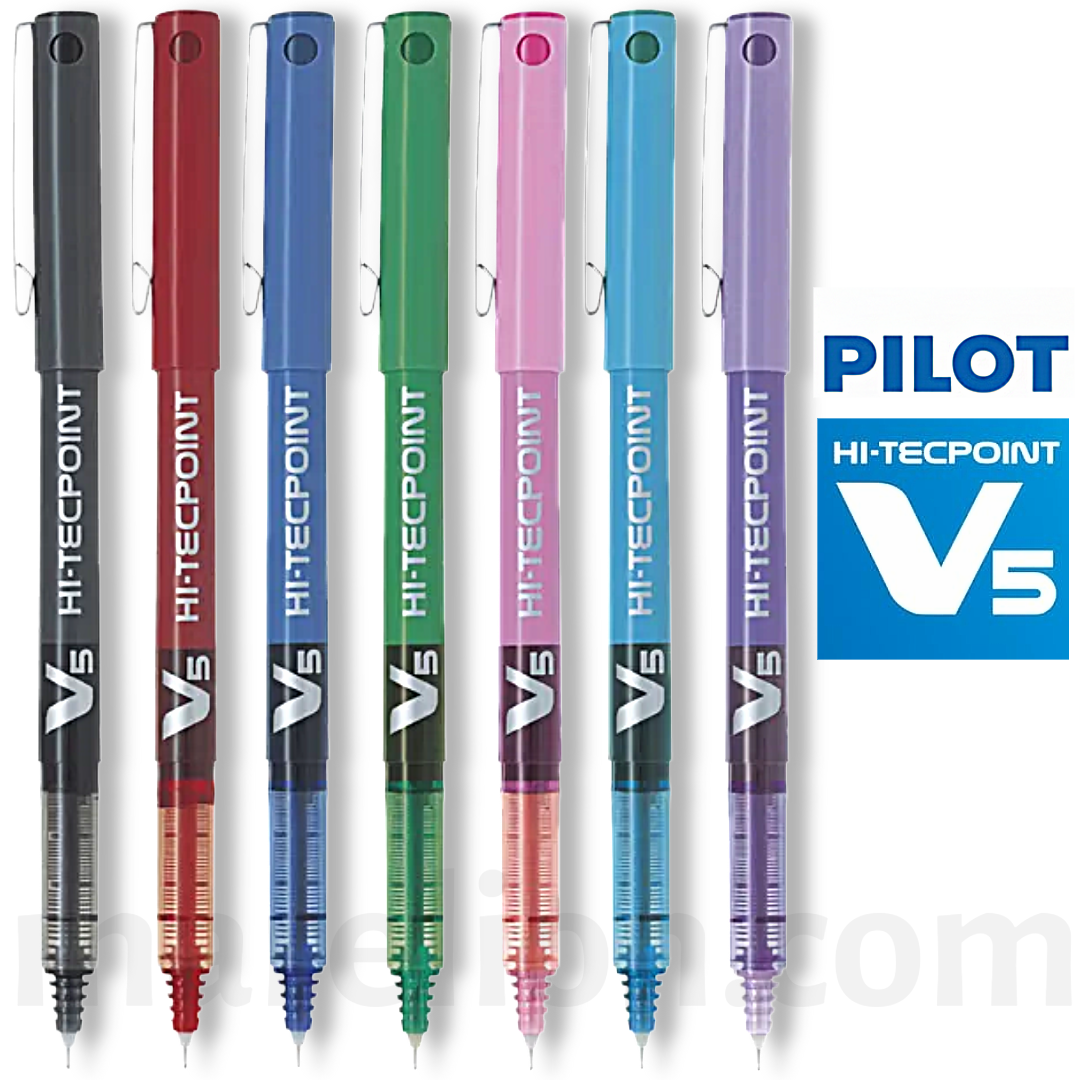 Set of Pilot Hi-Tecpoint V5 pens in various colors on a white background