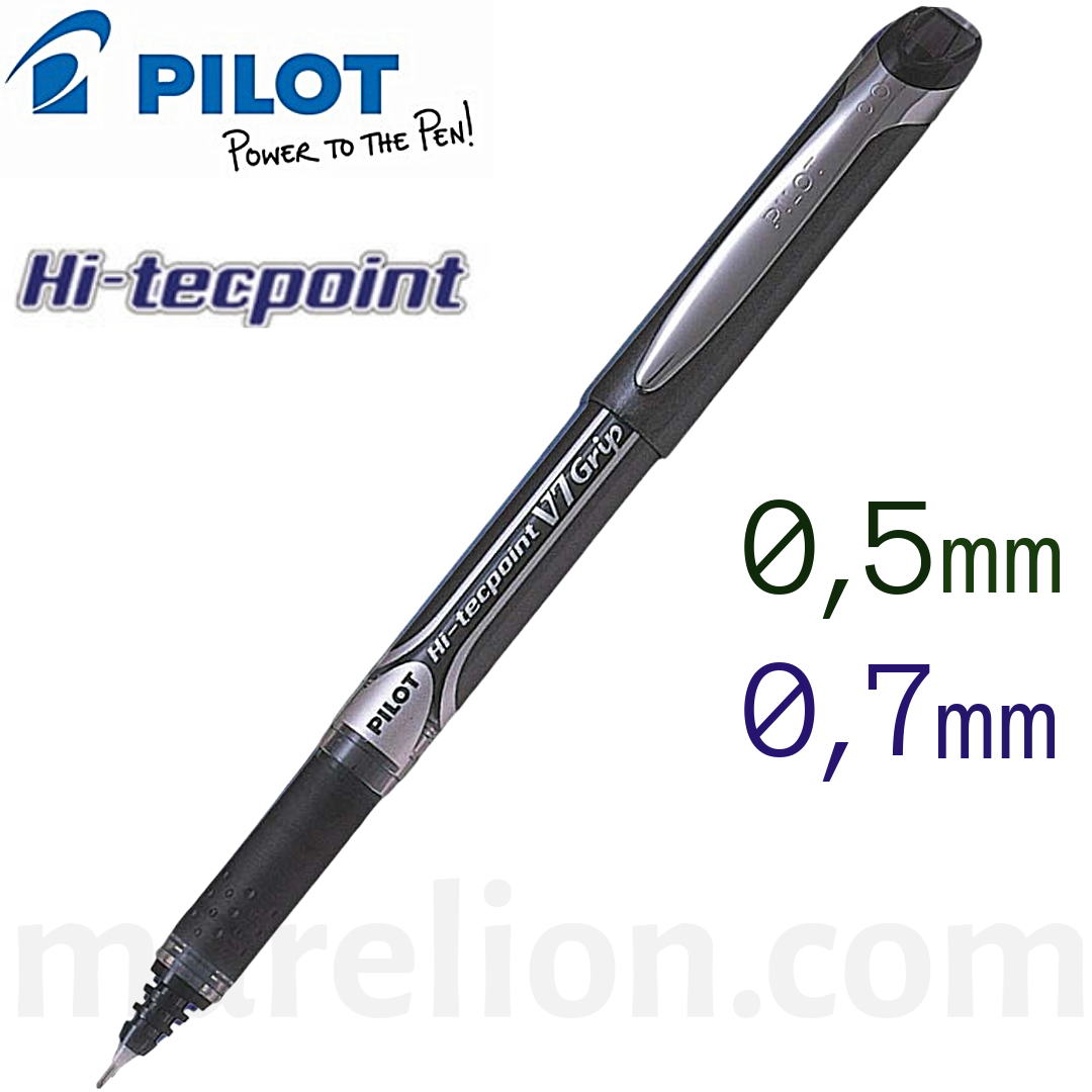 Pilot Hi-tecpoint pen with 0.5mm and 0.7mm text on a white background