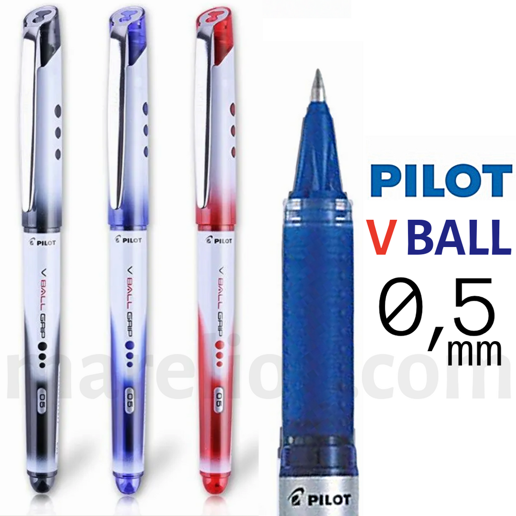 Pilot V Ball pens with different colored barrels on a white background