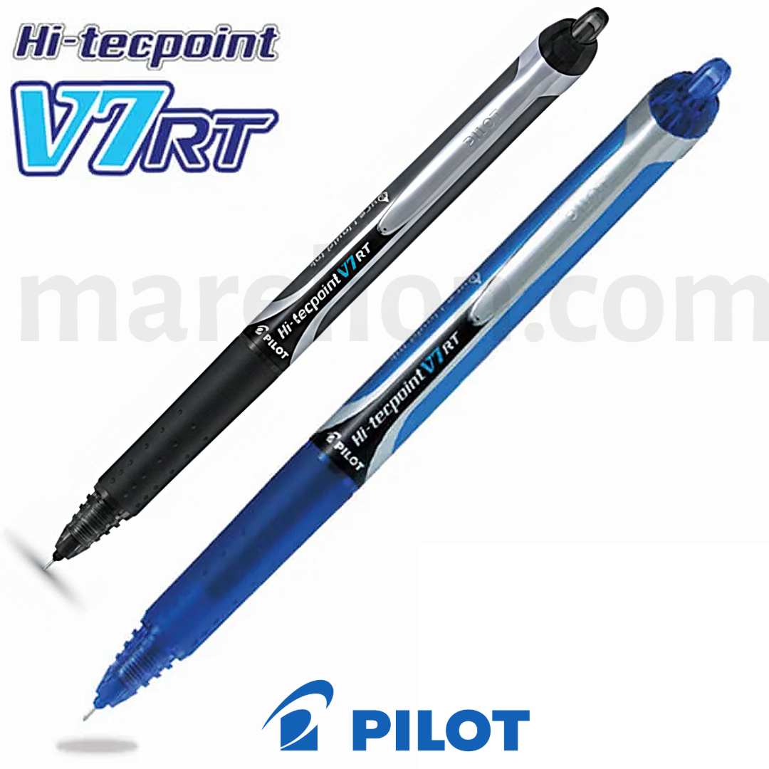 Two Hi-tecpoint V7 RT pens, one black and one blue, with Pilot branding on a white background.