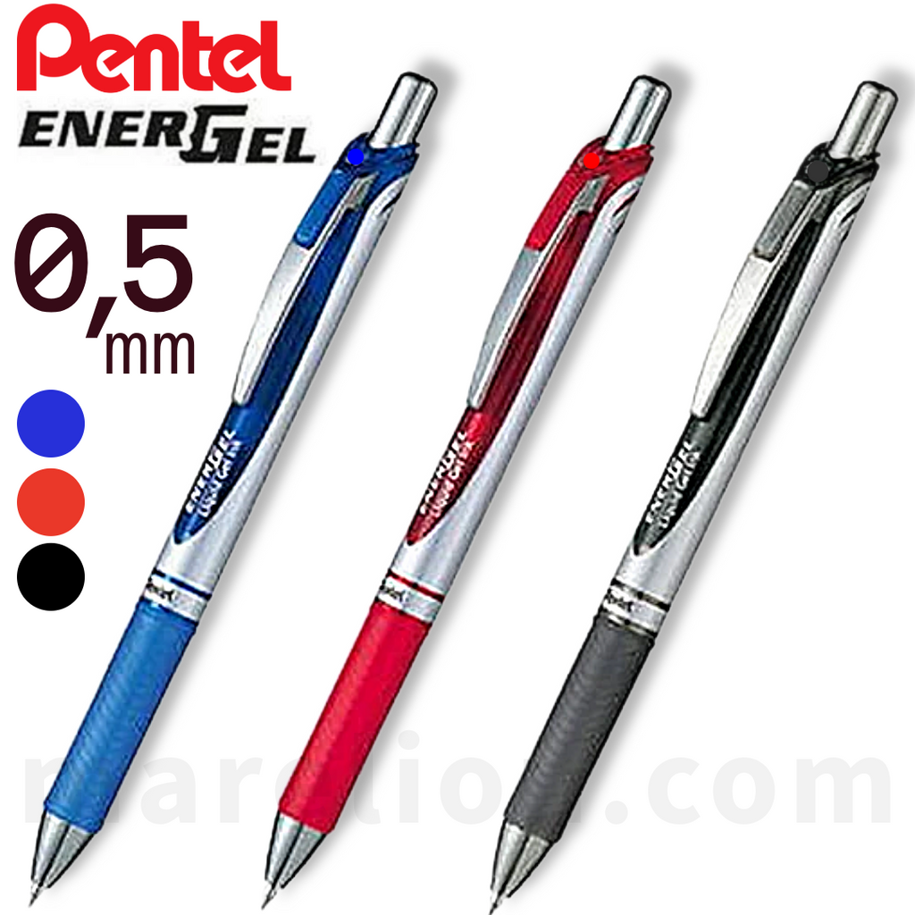 Three Pentel EnerGél pens with blue, red, and black accents on a white background.