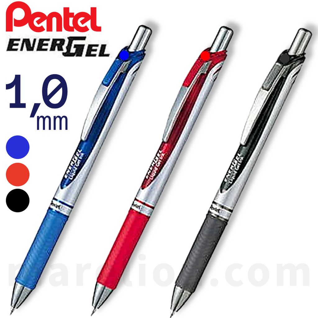Three Pentel EnerGél pens with blue, red, and black accents on a white background.