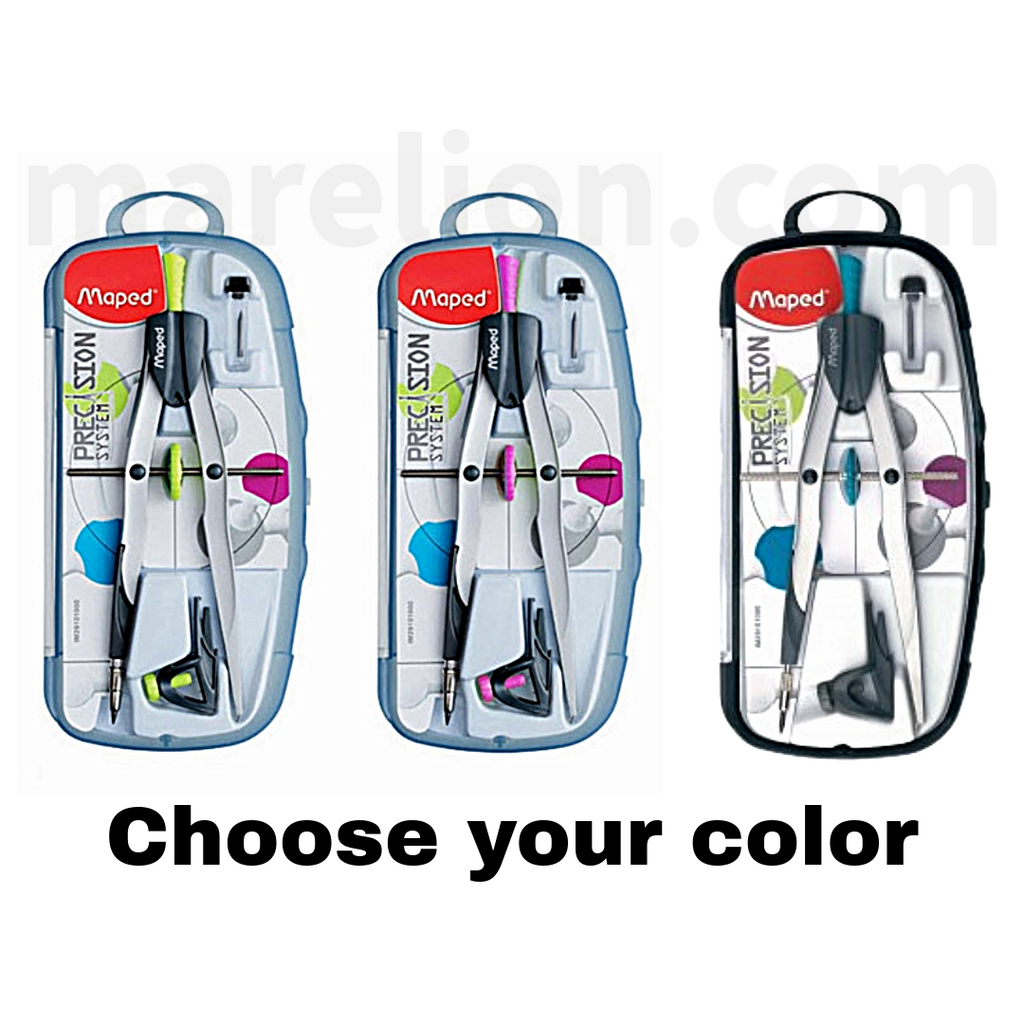 Three Maped compass sets in different packaging colors on a white background.