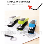 Three colorful staplers on a sheet of paper with text about material composition.