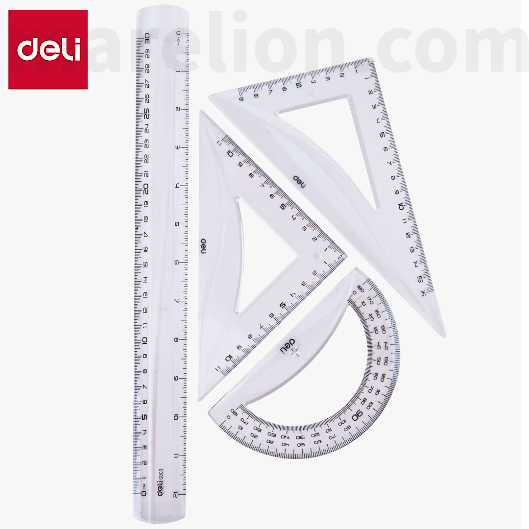 Deli Drafting Set 4pcs with 30cm Ruler & Set Squares - Σετ Γεωμετρικών Οργάνων