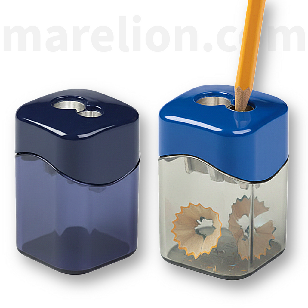 Blue pencil sharpener with a pencil being sharpened on a white background