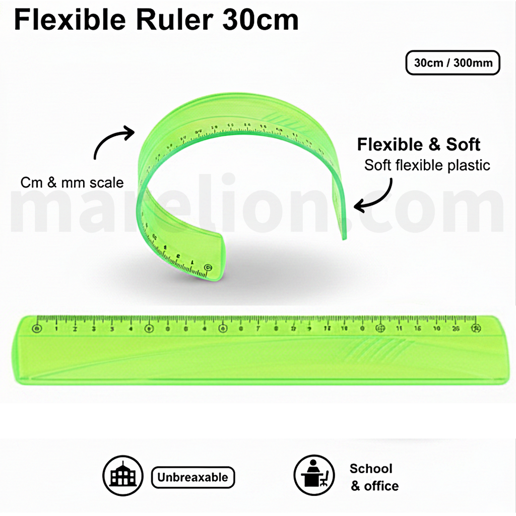 Green flexible ruler 30cm with scale and branding on a white background