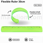 Green flexible ruler 30cm with scale and branding on a white background