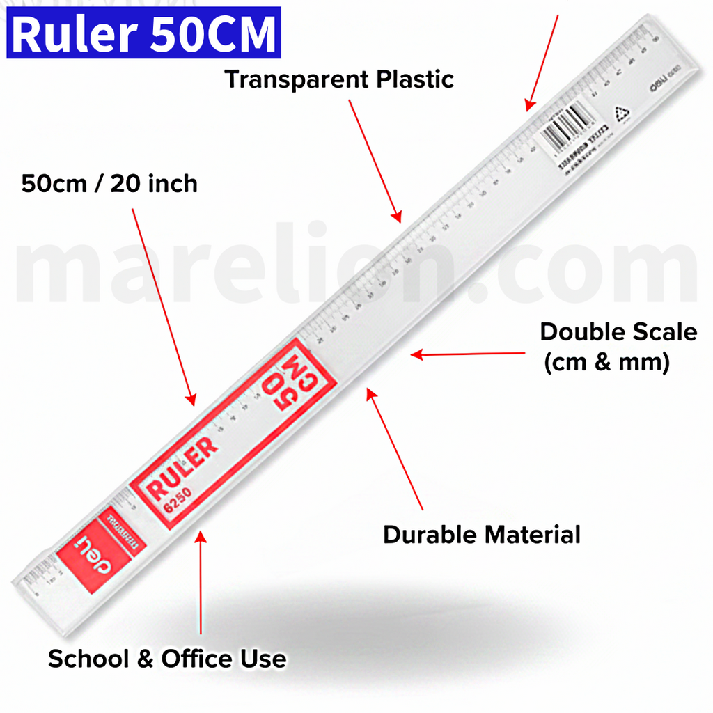 Deli Ruler 50cm Transparent - Διάφανη Ρίγα Χάρακας 50εκ