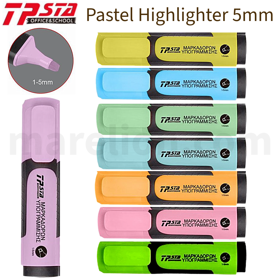Set of TP Sta pastel highlighters with different colors on a white background.