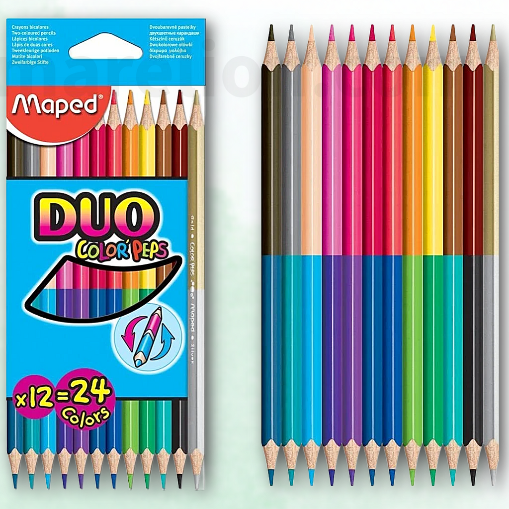 Maped Duo Color Peps colored pencils with packaging on a light green background