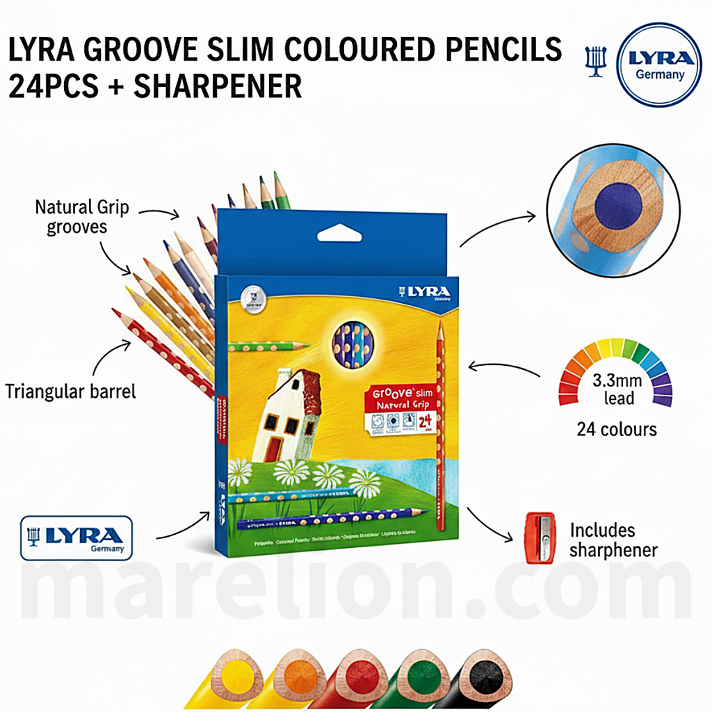 Lyra Groove Slim Coloured Pencils 24pcs with Sharpener - Ergonomic Coloured Pencils with Sharpener