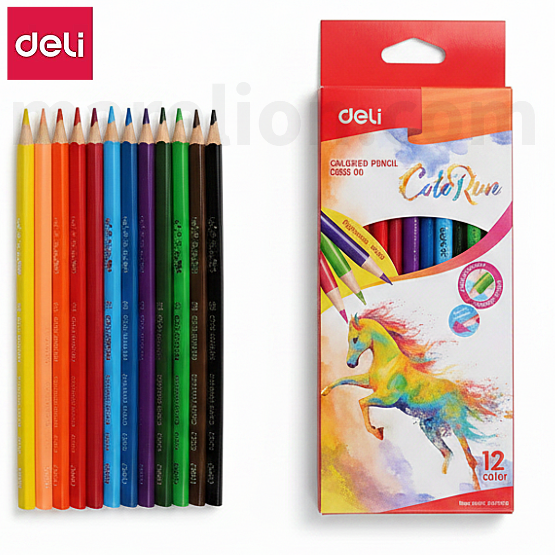 Set of colored pencils and their packaging with Deli branding on a white background