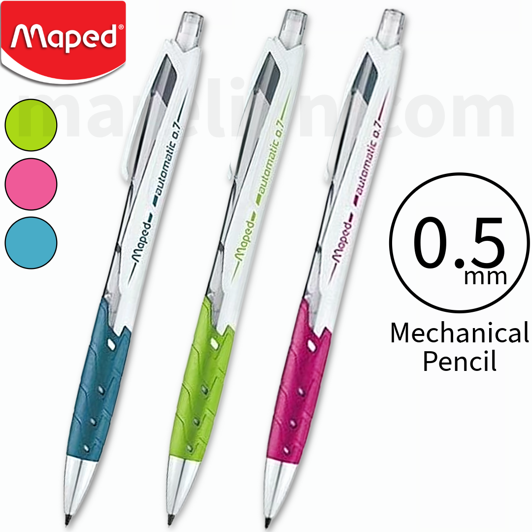 Three Maped mechanical pencils with colored grips on a white background