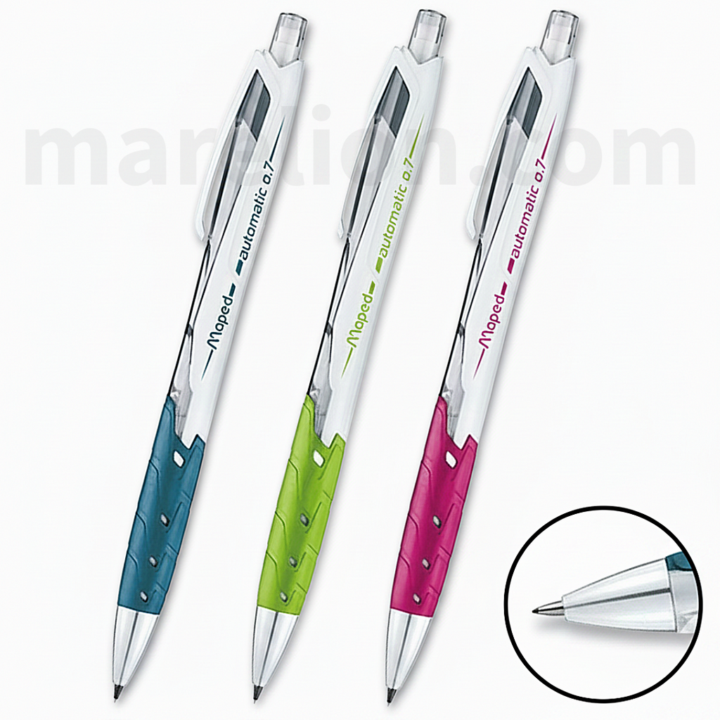 Three mechanical pencils with colored grips on a white background, featuring the brand 'Maped'.