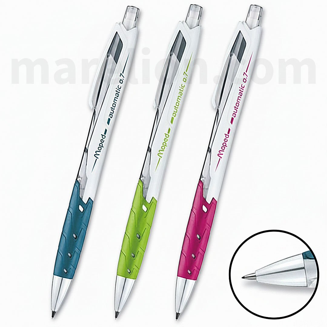 Three mechanical pencils with colored grips on a white background, featuring the brand 'Maped'.