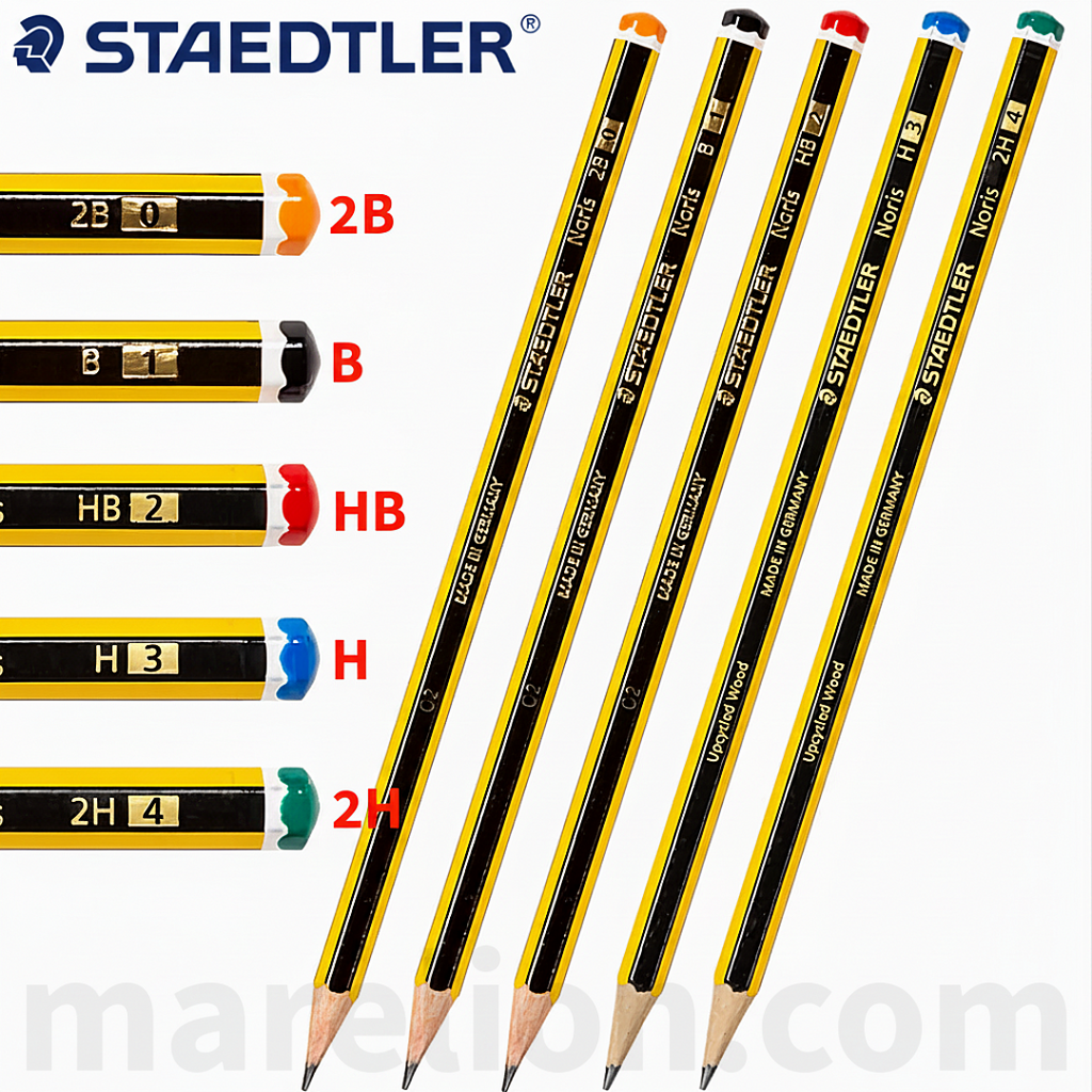 Set of Staedtler pencils with various hardness grades on a white background