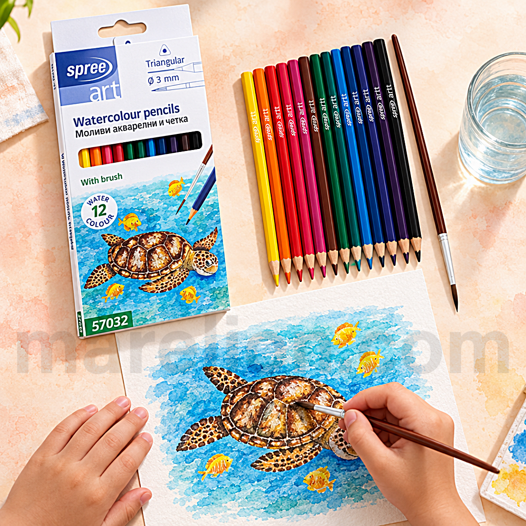 Spree Art Triangular Watercolour, 12 pencils With Brush - Μολύβια Ακουαρέλας με Πινέλο