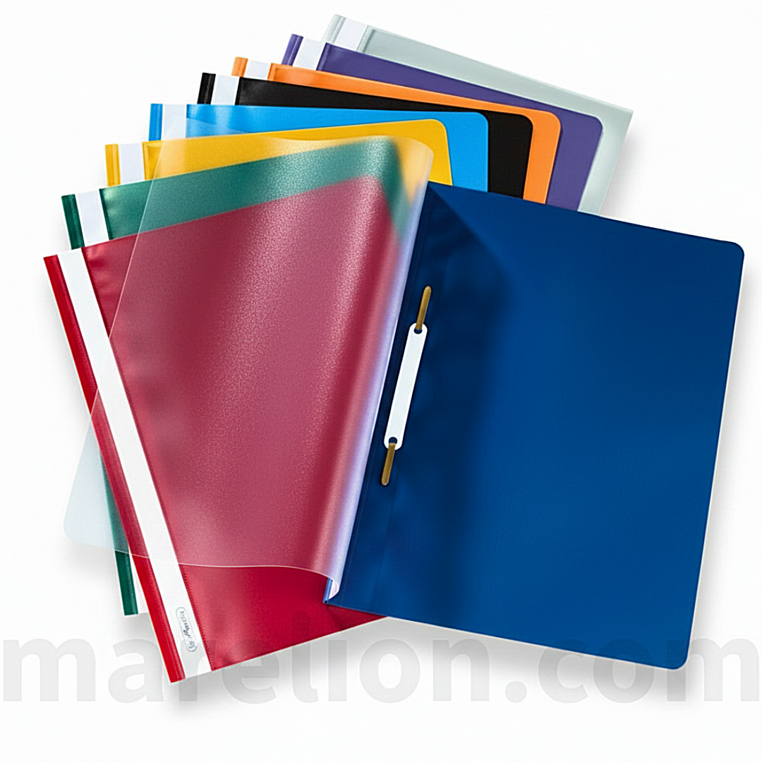 Colorful binders stacked on a white background