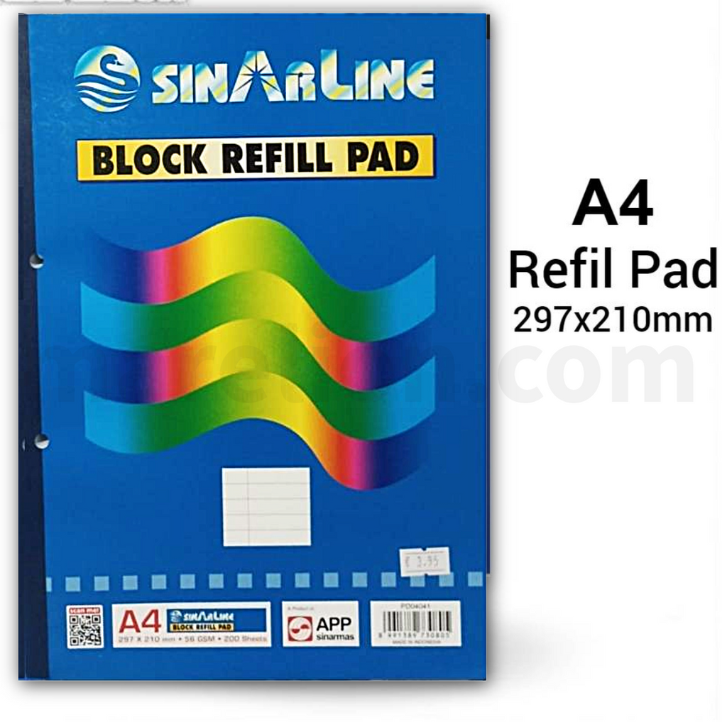 Sinarline A4 refill pad with colorful design on a blue background